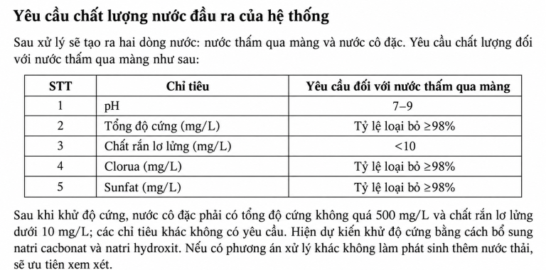 Yêu cầu chất lượng nước đầu ra của hệ thống